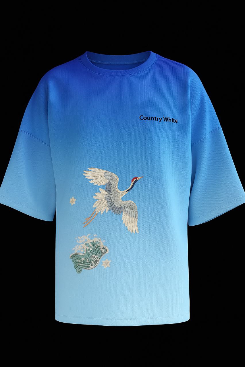 Ocean Waves & Flying Crane Embroidered Oversize T-shirt