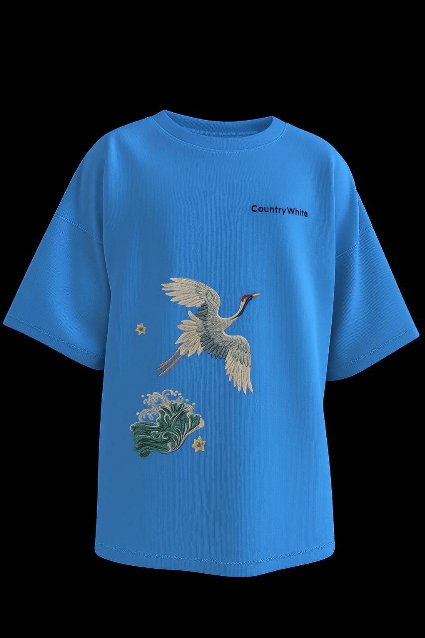 Ocean Waves & Flying Crane Embroidered Oversize T-shirt