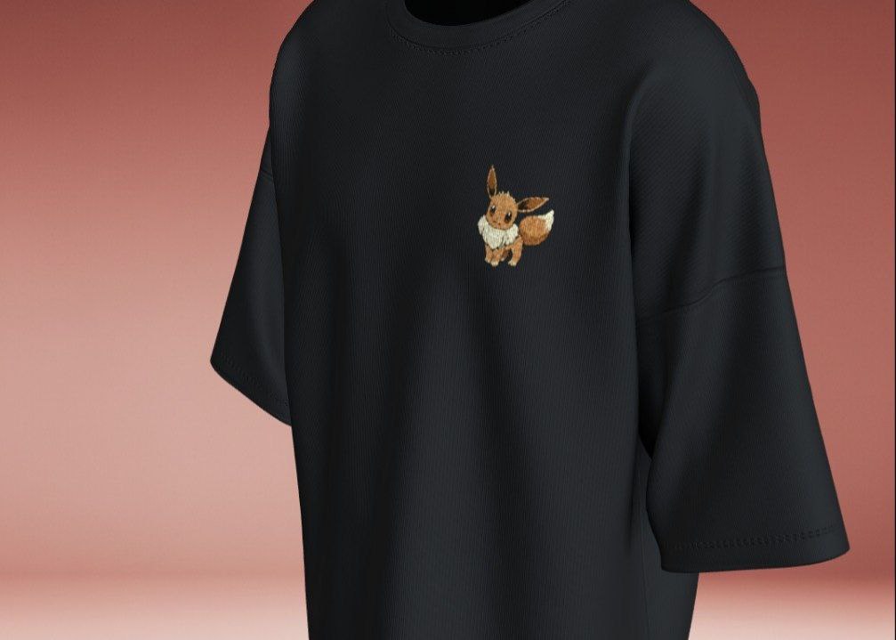 Eevee Oversized Black T-Shirt with Cute Embroidery Design – Unisex Streetwear