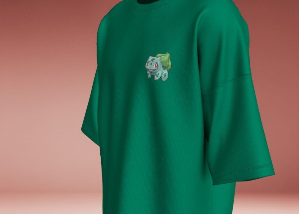 Dark Green Oversized T-Shirt with Bulbasaur Pokémon Embroidery – Unisex Streetwear