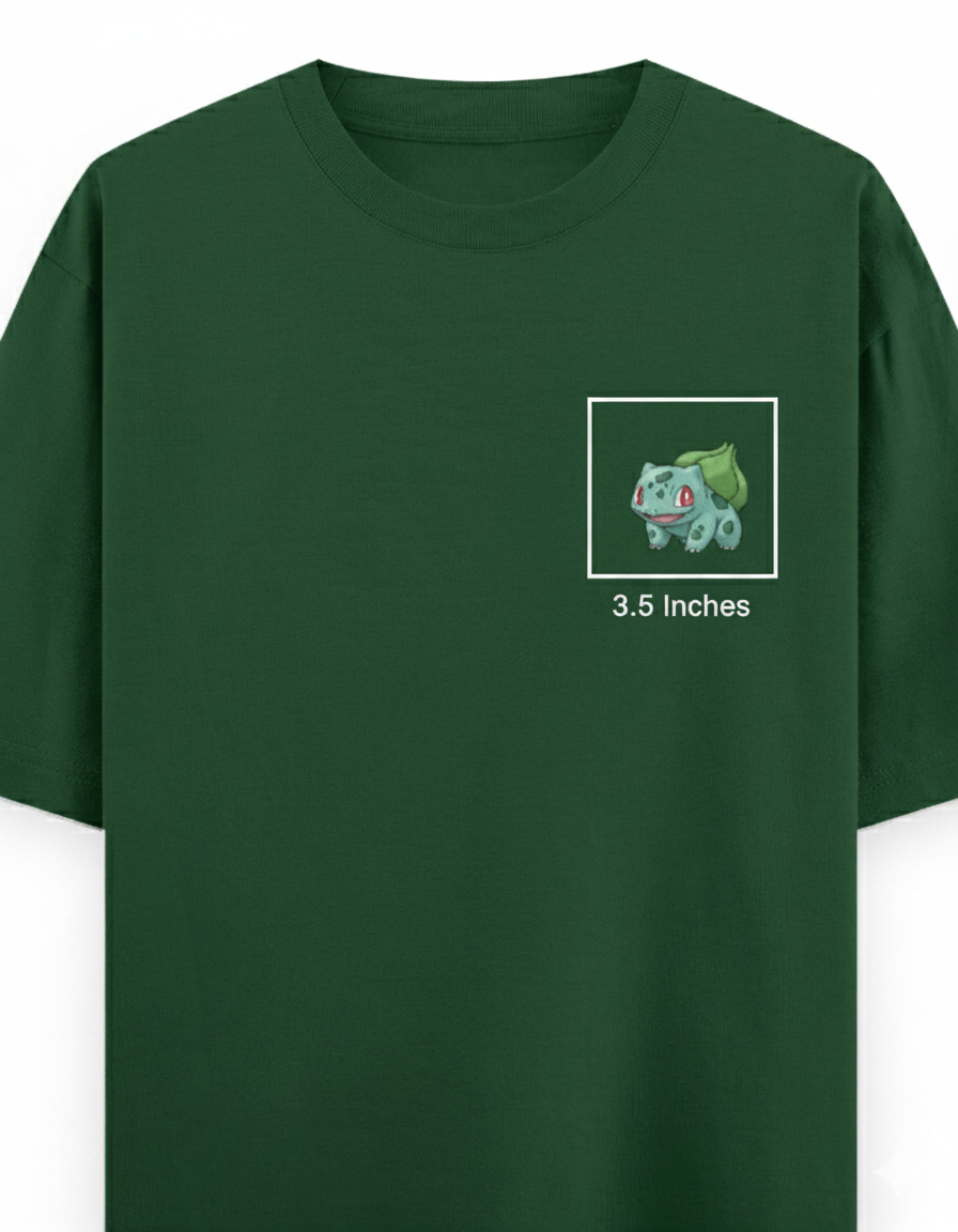 Dark Green Oversized T-Shirt with Bulbasaur Pokémon Embroidery – Unisex Streetwear