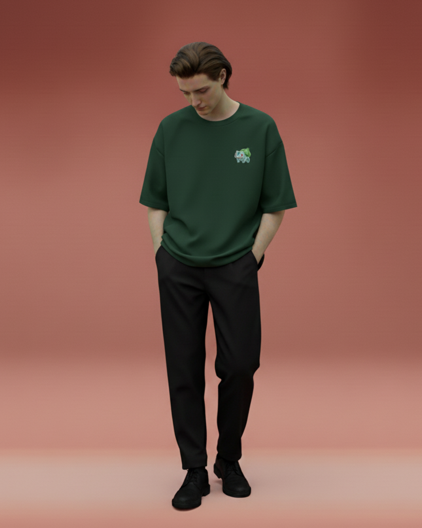 Dark Green Oversized T-Shirt with Bulbasaur Pokémon Embroidery – Unisex Streetwear