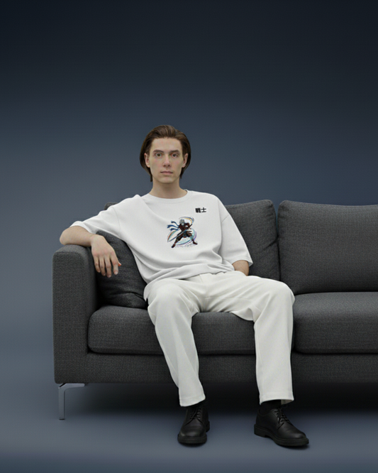 Samurai Warrior Oversized T-Shirt (White, Anime Embroidery)