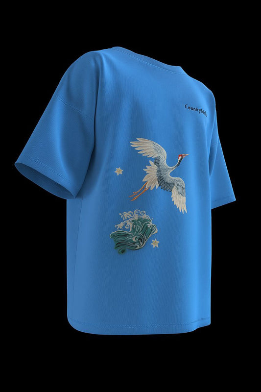 Ocean Waves & Flying Crane Embroidered Oversize T-shirt