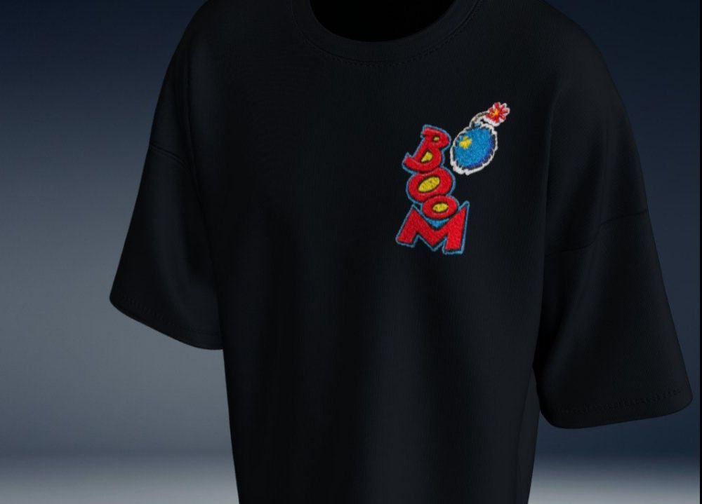 Boom Graphic Embroidery Oversized T-Shirt (Black, Streetwear Style)