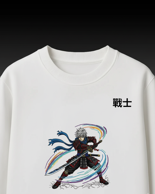 Samurai Warrior Oversized T-Shirt (White, Anime Embroidery)