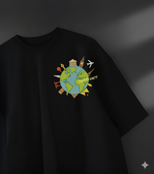 Global Travel Embroidery Oversize T-shirt-Black