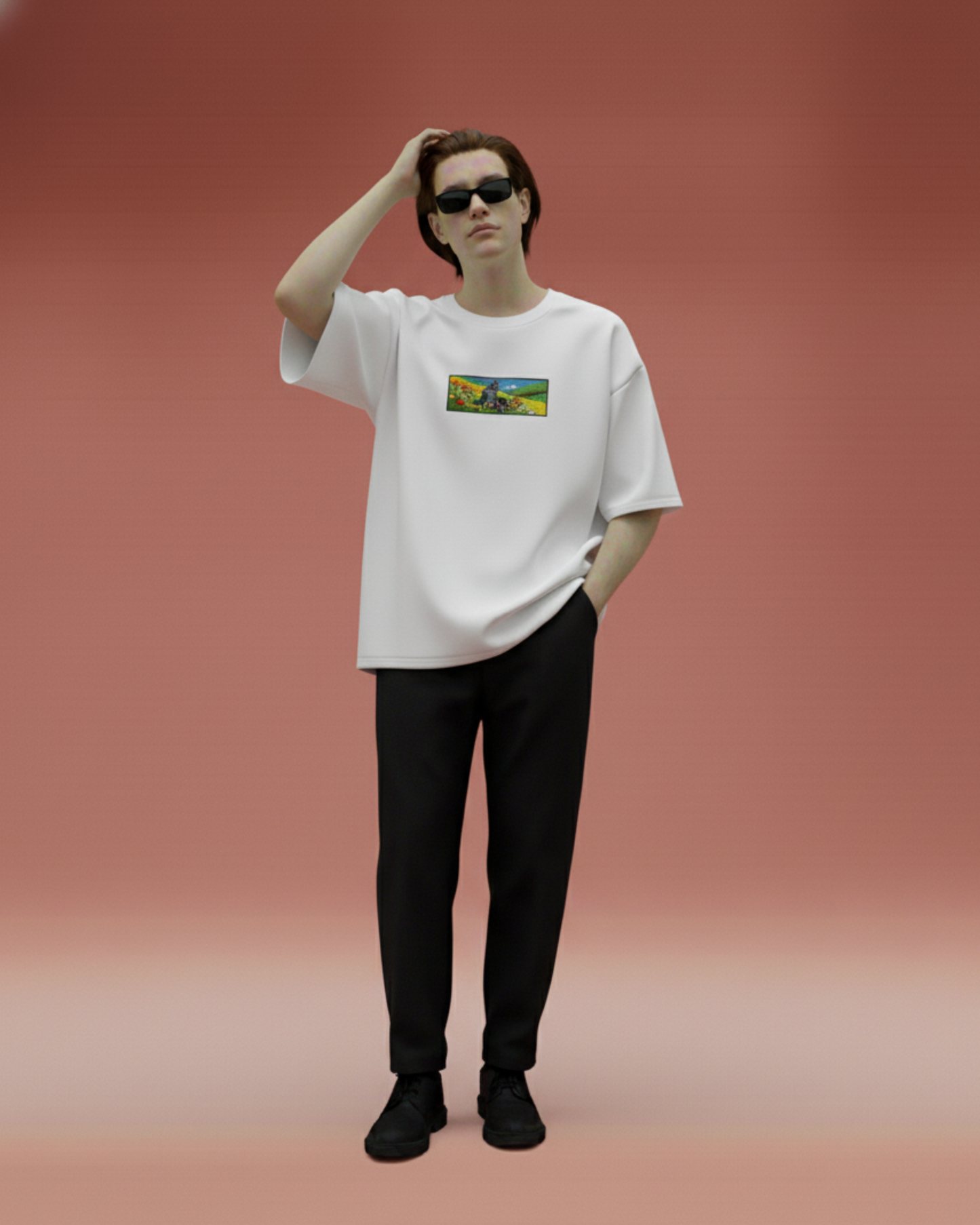 Knight in Meadow Embroidery Oversized T-Shirt (White & Black Edition)