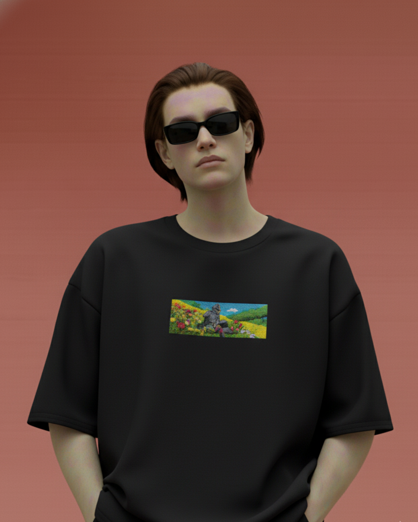 Knight in Meadow Embroidery Oversized T-Shirt (White & Black Edition)