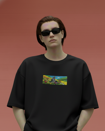 Knight in Meadow Embroidery Oversized T-Shirt (White & Black Edition)