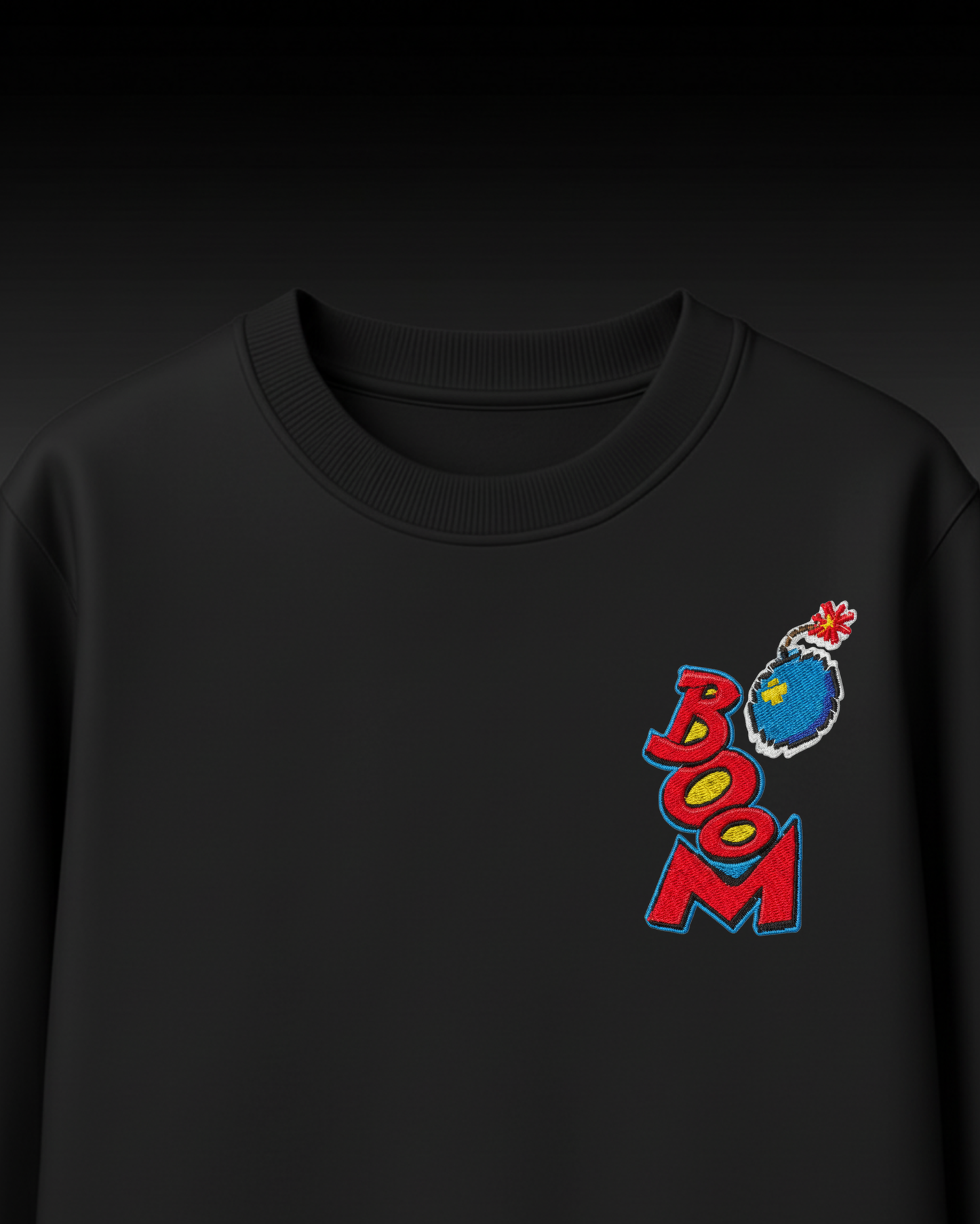Boom Graphic Embroidery Oversized T-Shirt (Black, Streetwear Style)