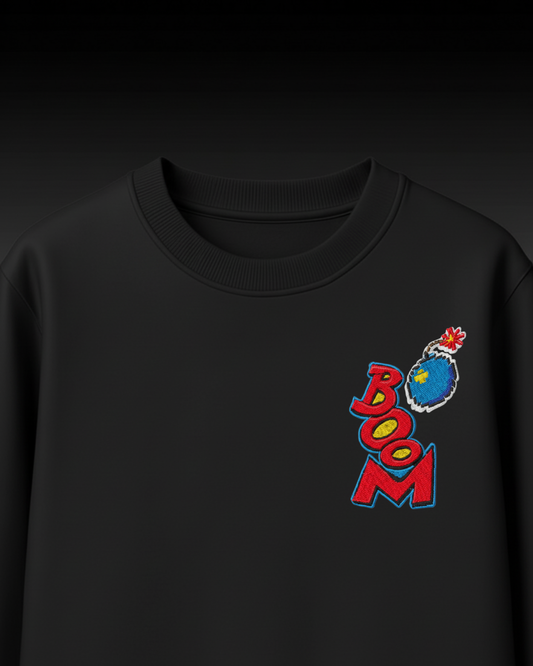 Boom Graphic Embroidery Oversized T-Shirt (Black, Streetwear Style)