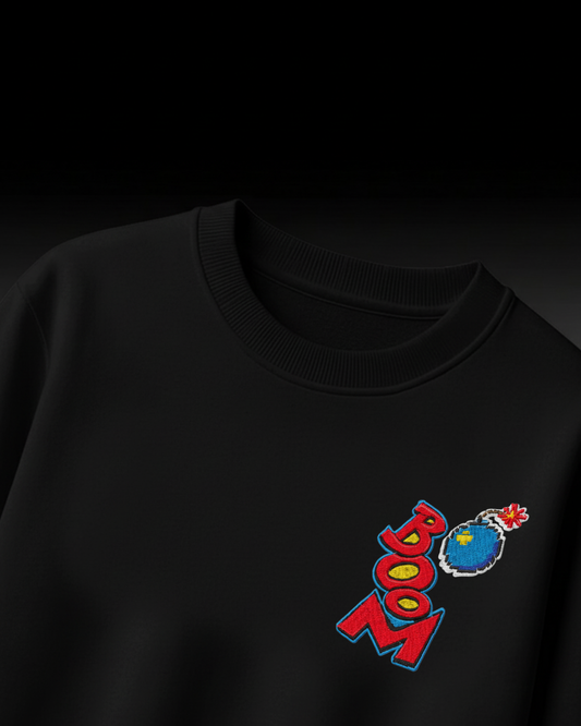 Boom Graphic Embroidery Oversized T-Shirt (Black, Streetwear Style)