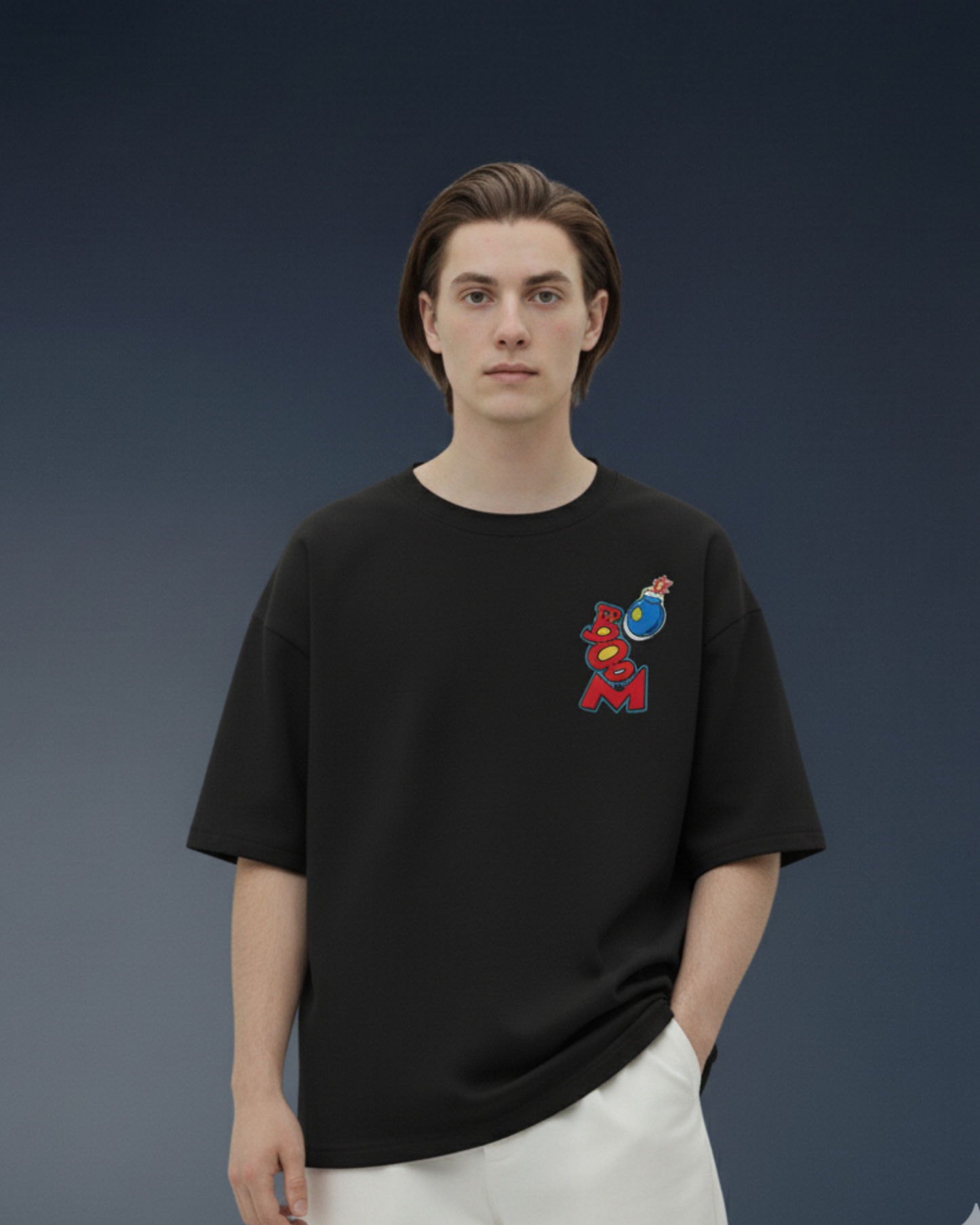 Boom Graphic Embroidery Oversized T-Shirt (Black, Streetwear Style)