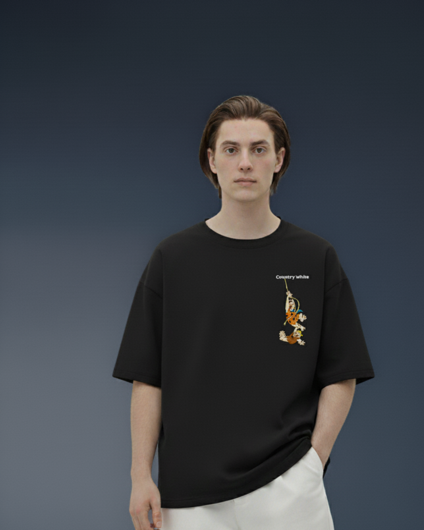 Cartoon Embroidery Oversized T-Shirt (Black, Country White Edition)