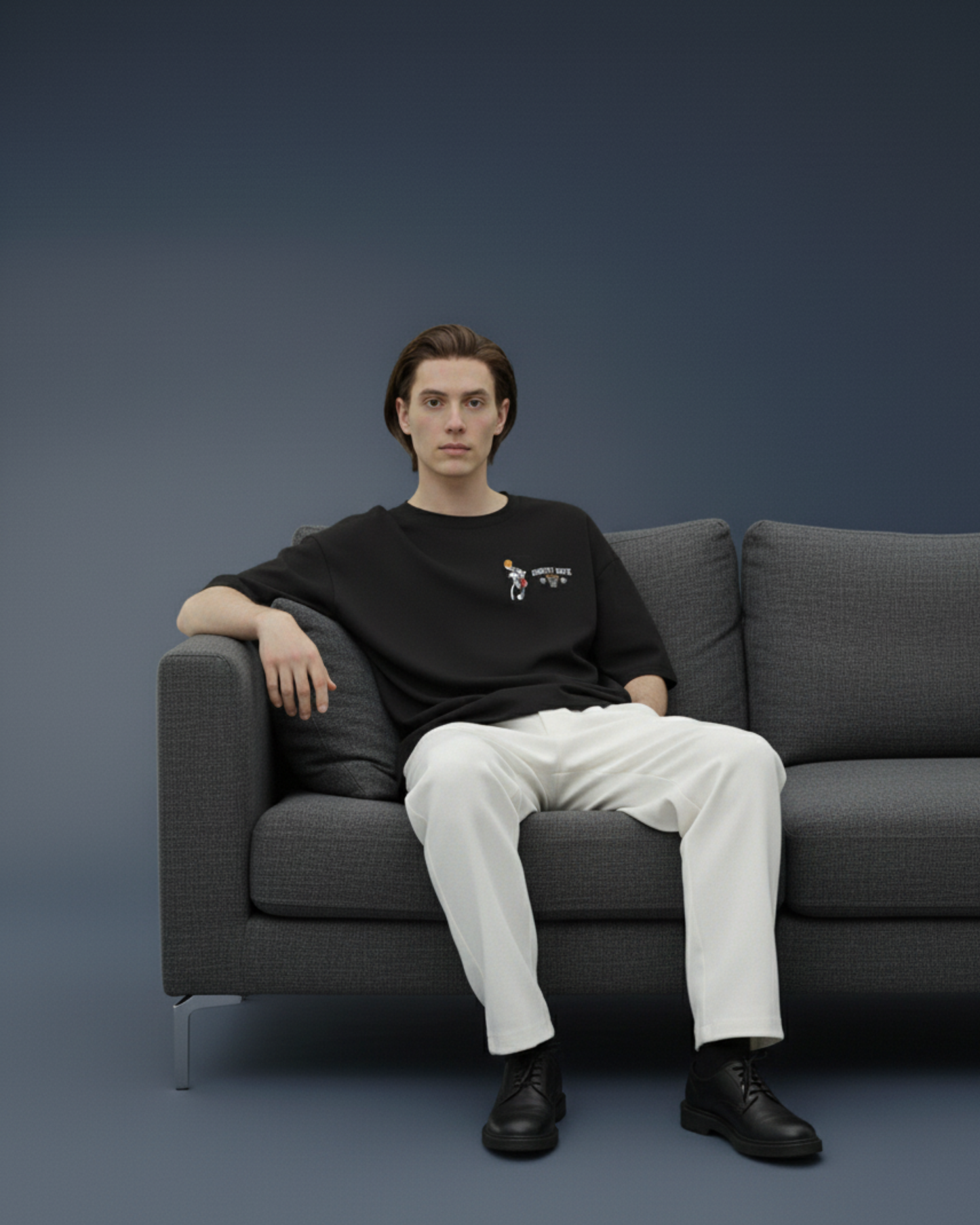 Basketball Embroidery Oversized T-Shirt (Black, Streetwear Style)