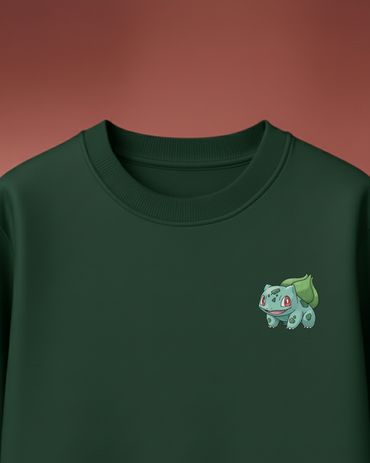 Dark Green Oversized T-Shirt with Bulbasaur Pokémon Embroidery – Unisex Streetwear