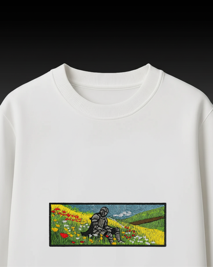 Knight in Meadow Embroidery Oversized T-Shirt (White & Black Edition)