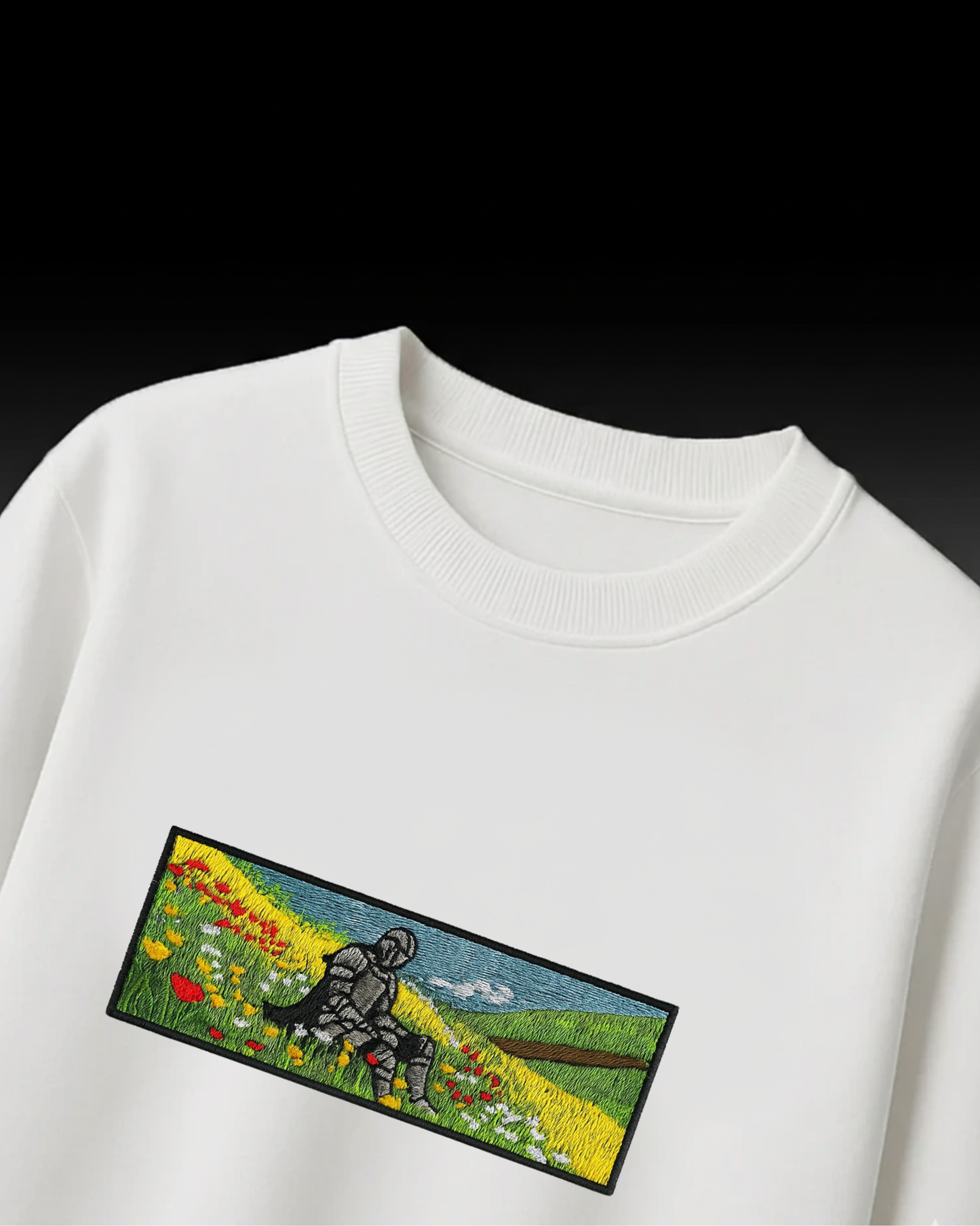 Knight in Meadow Embroidery Oversized T-Shirt (White & Black Edition)