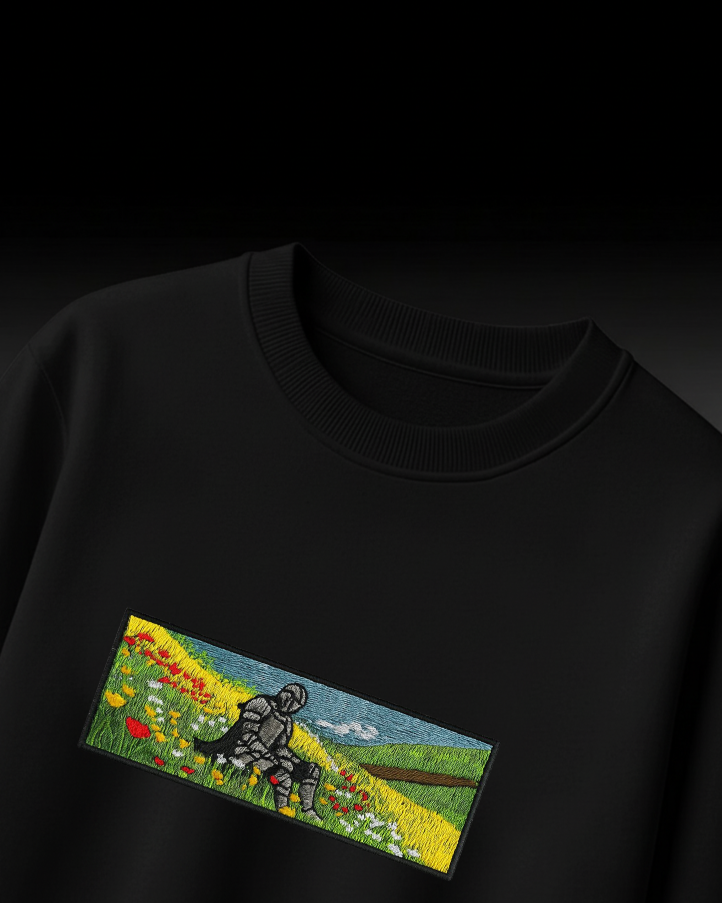 Knight in Meadow Embroidery Oversized T-Shirt (White & Black Edition)
