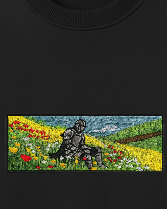 Knight in Meadow Embroidery Oversized T-Shirt (White & Black Edition)