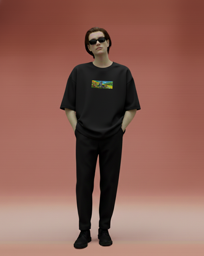 Knight in Meadow Embroidery Oversized T-Shirt (White & Black Edition)